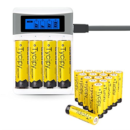 Tycipy 20 Pack 1.2V 2800mAh Rechargeable Ni-MH AA Batteries and 4 Bay AA AAA Battery Charger