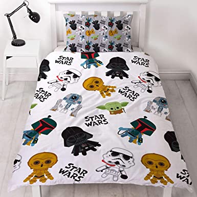 Character World Star Wars Single Duvet Cover Officially Licensed Reversible Two Sided Minis Design with Matching Pillowcase Featuring Yoda, Darth Vader, CP30 & R2-D2 Polyester, White