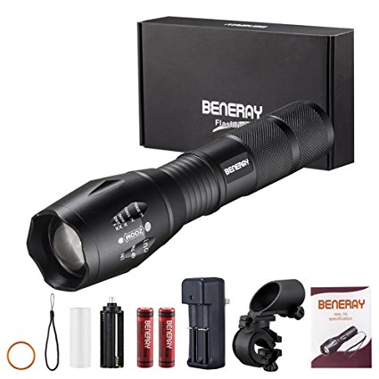LED Tactical Flashlight,1000 Lumen Portable Zoomable Adjustable Focus 5 Modes Water Resistant Outdoor Torch-Rechargeable 18650 Battery and Charger Included   Bicycle Flashlight Holder Mount by BENERAY
