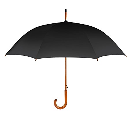Stick Umbrella, Windproof & Waterproof Umbrella Wooden Umbrella, 42 Inch Classic and Auto Open(Black)