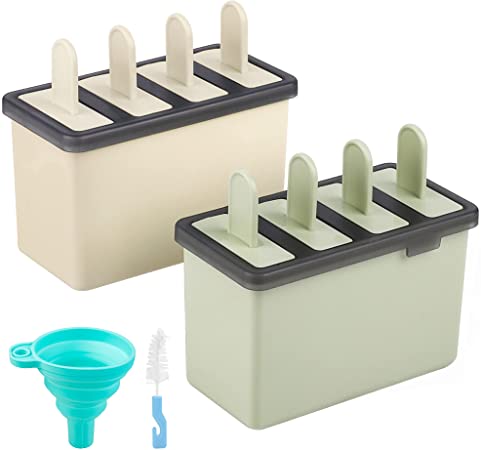 Kootek Popsicle Molds Sets 8 Ice Pop Makers Reusable Ice Cream Mold - Dishwasher Safe, Durable DIY Popsicles Tray Holders with Silicone Funnel, Cleaning Brush Kitchen Supplies(Beige and Green)