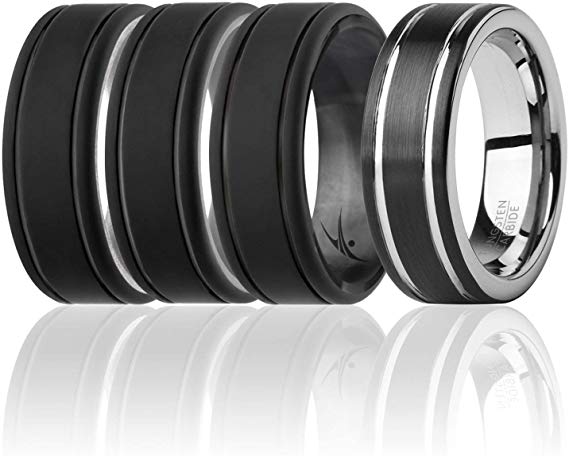 ROQ - 4 Pack - 3 Silicone & 1 Tungsten Carbide Wedding Rings for Men - Mens Silicone Rings for Work/Sport/Hiking, Tungsten Carbide Band for Special Events – Duo Lines Style