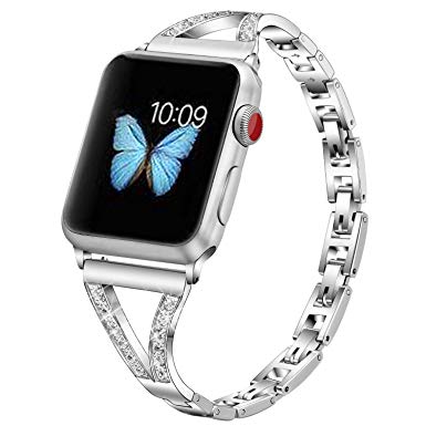 Replacement for Iwatch Band 42mm 44mm Series 5 4 3 2 1, PUGO TOP Stainless Steel Bling Apple Watch Bracelet Band Strap Loop Link Glitter for Women(42mm/44mm, Silver)