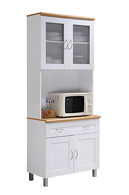 Hodedah Tall Standing Kitchen Cabinet with Top and Bottom Enclosed Cabinet Space, 1-Drawer, Large Open Space for Microwave in White