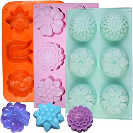 3Pcs Silicone Flower Soap Mold 6 Cavity Cake Muffin Mooncake Mold, Flower Shaped Pans for Making Jelly Pudding Cookies Chocolate, DIY Handmade Soap Trays Orange, Blue, Pink