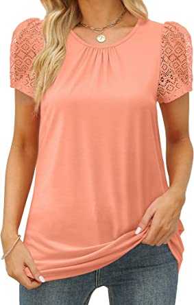 Aokosor Summer Tops for Women Short Sleeve T Shirt Shirred Neck Lack Sleeve