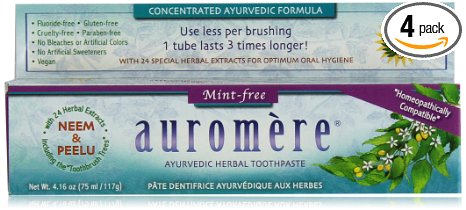 Auromere Herbal Toothpaste, Mint Free, 4.16-Ounces (Pack of 4)