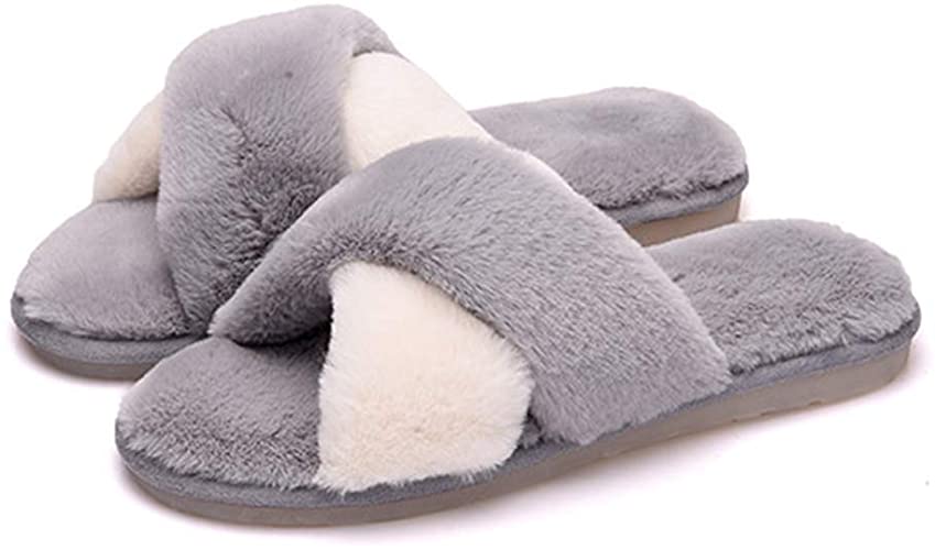 ACEVOG Women's Fuzzy Fluffy Comfy Anti-Slip Cross Band Slippers Open Toe Soft Warm House Slipper Indoor or Outdoor Cozy Plush Sandals Slides