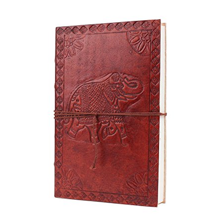 Hand Embossed Leather Journal Diary (8" x 5") with Elephant Design