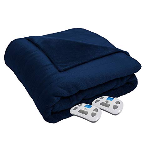 Serta 874577 Silky Plush Electric Heated Warming Blanket Queen Navy Washable Auto Shut Off 10 Heat Settings