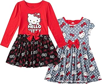 Hello Kitty Sanrio Girls 2 Pack Long Sleeve and Short Sleeve Dresses for Toddlers and Big Kids