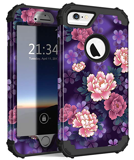 iPhone 6s Case, iPhone 6 Case, Hocase Shockproof Silicone Rubber Hard Plastic Hybrid Full Body Protective Phone Case for iPhone 6/6s with 4.7-inch Display - Voilet Flowers/Black