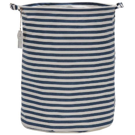 Sea Team 19.7" Large Sized Waterproof Coating Ramie Cotton Fabric Folding Laundry Hamper Bucket Cylindric Burlap Canvas Storage Basket with Stylish Navy & White Stripe Design