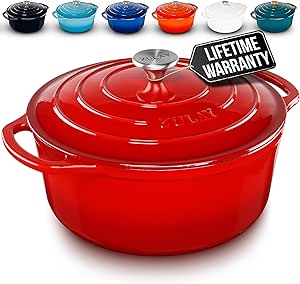 Zulay Kitchen 6 Quart Enameled Cast Iron Dutch Oven with Lid – Premium Durability & Oven Safe up to 500°F – Heavy Duty Cookware Perfect for Bread Baking, Stews, Braising & Roasting – Red