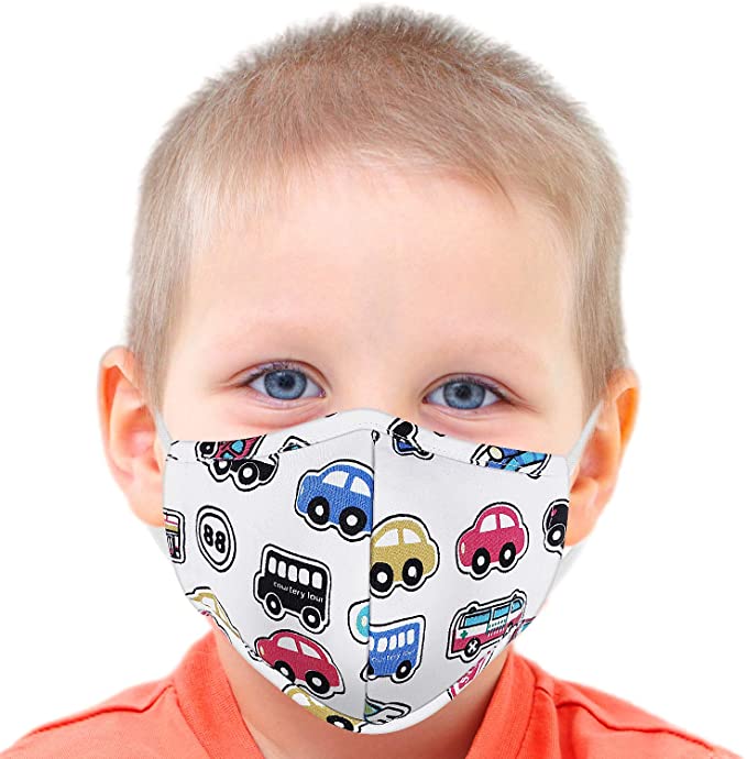 Reusable Face Mask for Kids, JOYCOLOR 1 Pack Toddler's Washable Cotton Fabric Cloth Masks with Cute Print Patern for Dust Air Pollution (Age 2-4, Blue Car)
