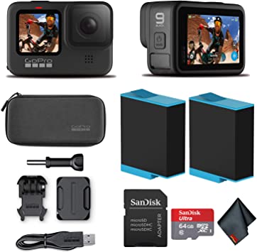 GoPro HERO9 Black - Waterproof Action Camera with Front LCD and Touch Rear Screens, 5K HD Video, 20MP Photos, 1080p Live Streaming, Stabilization   Sandisk 64GB Card and Extra Battery