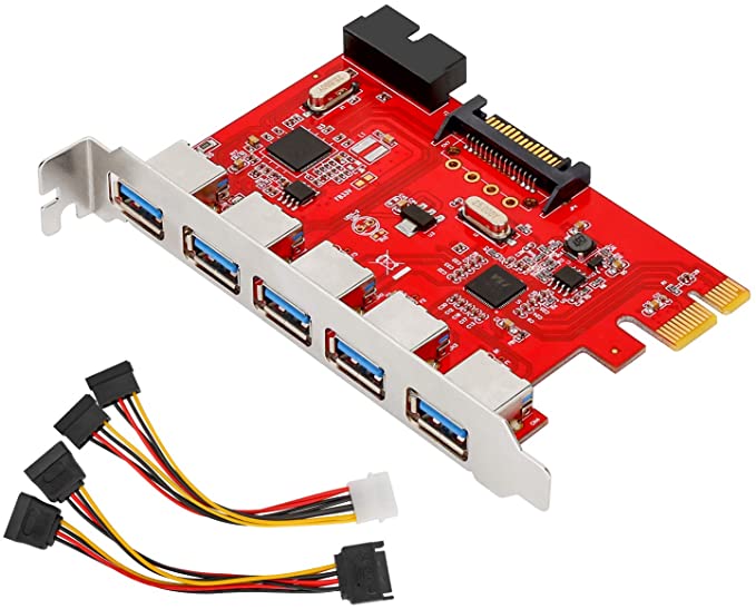 MoKo PCI-E 5-Ports USB 3.0 Expansion Card Adapter, PCI-Express Card with 5 External Port, 1 Internal 19-pin Header, 15-Pin SATA Power Connector, Compatible for Windows XP/Vista/7/8/10 - Red & Silver