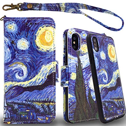 Mefon iPhone X Xs Detachable Leather Wallet Case, with Tempered Glass and Wrist Strap, Enhanced Magnetic Closure, Card Slot, Kickstand, Luxury Flip Folio Cases for Apple iPhone 10 5.8 (Starry Night)