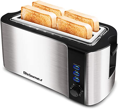 Elite Platinum ECT-3100# Cool Touch Long Slot Toaster with Extra Wide 1.25" Slots for Bagels, 6 Settings, Space Saving Design, Warming Rack, 4 Slice, Stainless Steel & Black