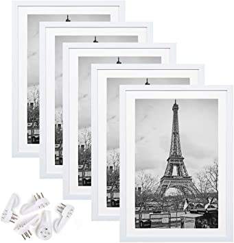 upsimples 11x17 Picture Frame Set of 5,Display Pictures 9x15 with Mat or 11x17 Without Mat,Wall Gallery Photo Frames,White