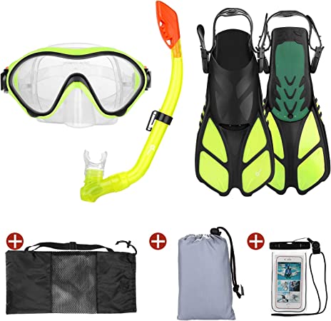 Odoland Snorkel Set 6-in-1 Snorkeling Packages, Diving Mask with Splash Guard Snorkel and Adjustable Swim Fins and Lightweight Mesh Bag and Waterproof Case and Beach Blanket