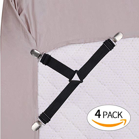 ONSON Bed Sheet Fasteners, Adjustable Triangle Elastic Suspenders Gripper Holder Straps Clip for Bed Sheets,Mattress Covers, Sofa Cushion（4Pack）