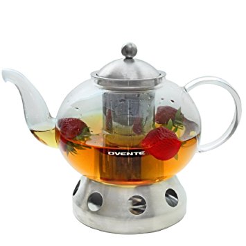 Ovente FGD51T 51oz Heat Tempered Glass Teapot with Tea Infuser and Stainless Steel Teapot Warmer