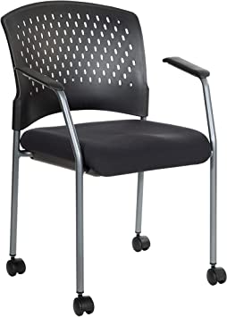 Office Star Ventilated Plastic Back and Padded Coal FreeFlex Seat, Fixed Arms, Titanium Finish Stacking Visitors Chair with Casters, Black