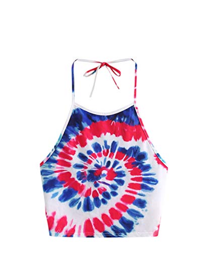 Romwe Women's Sexy Spiral Tie Dye Multicolor Print Backless Tie Halter Top