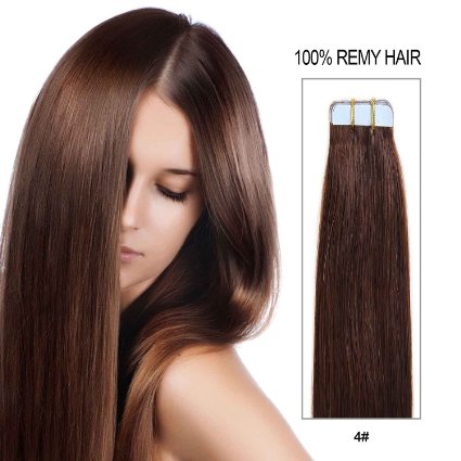 20 Inch Tape Weft Hair Extensions 100% Remy Straight Tape Human Hair Extensions 20pcs 20 Colors Full Head (#4) Medium Brown