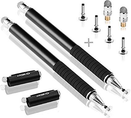 MEKO(TM) (2 Pcs)[2 in 1 Precision Series] Disc Stylus/Styli Bundle with 4 Replaceable Disc Tips, 2 Replaceable Fiber Tips For All Touch Screen Devices - (Black/Black)