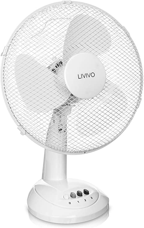 LIVIVO Stylish 12” White Desk Table Top - Oscillating Fan - Free Standing Cooling Fan Home Office Cool Air With 3 Speed Settings