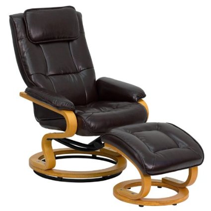 Flash Furniture BT-7615-BN-CURV-GG Contemporary Brown Leather ReclinerOttoman with Swiveling Maple Wood Base