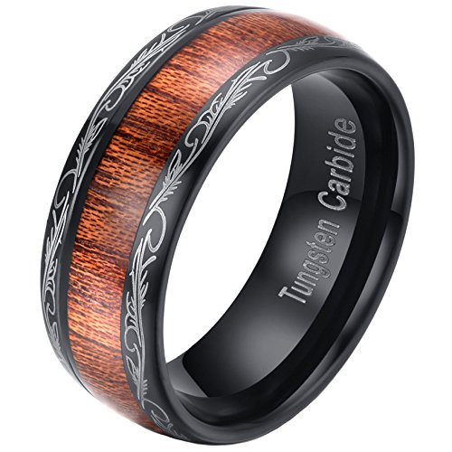 Mens Womens 8mm Black Tungsten Carbide Ring Wedding Engagement Band Grain Lasered Edges KOA Wood Inlay Comfort Fit