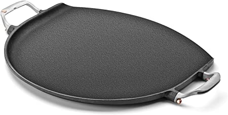 Outset Cast Iron Grill Skillet and Pan with Forged Handles for Pizza, Eggs, Pancakes, Burgers and Steaks, 14-inch, Black