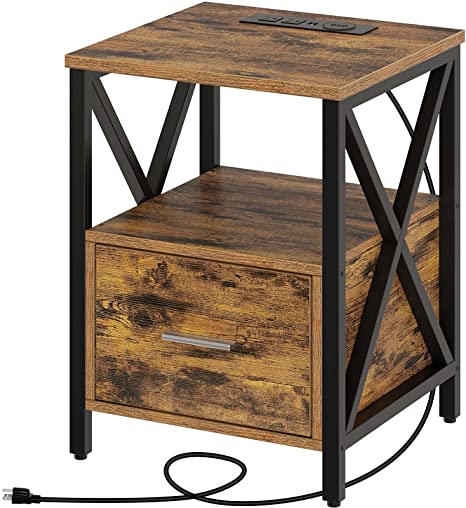 Rolanstar End Table with Charging Station, Side Table with Wireless Charger, USB Port and Power Outlet, Farmhouse Nightstand Sofa Table with Storage Drawer for Living Room and Bedroom, Rustic Brown