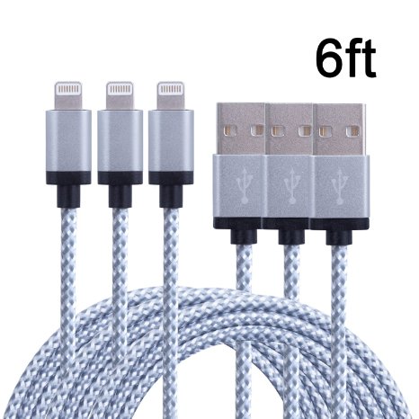Xcords 3pcs 6ft Extra Long Nylon braided Charging Cable Data and Sync Charging Cord 8-Pin Lightning to USB Cable Charger for iPhone66s 6 plus6s plus iPhone 5 5s 5ciPad Air iPod Nano 7iPod 5
