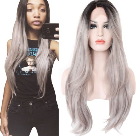 Ebingoo 2 Tones Synthetic Lace Front Wig Ombre Hand Tied Wavy Silver Wig Dark Roots Heat Resistant Fiber Hair JLS005 (18inches)