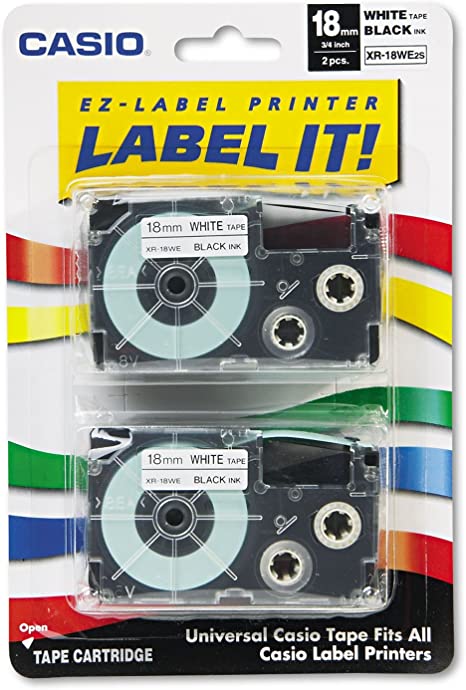 Tape Cassettes for KL Label Makers, 18mm x 26ft, Black on White, 2/Pack