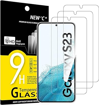 NEW'C 3 Piezas, Protector Pantalla para Samsung Galaxy S23, Cristal templado Antiarañazos, Antihuellas, Sin Burbujas, Dureza 9H, 0.26 mm Ultra Transparente, Ultra Resistente