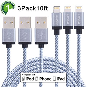 Xcords(TM) 3Pack 10ft Nylon Braided iPhone Lightning to USB Syncing and Charging Cable Cord Compatible with iPhone 7/7 Plus/ 6/ 6 Plus/ 6s/ 6s Plus /5/5s/5c/SE iPad/iPod Touch 5/iPod Nano 7(White)