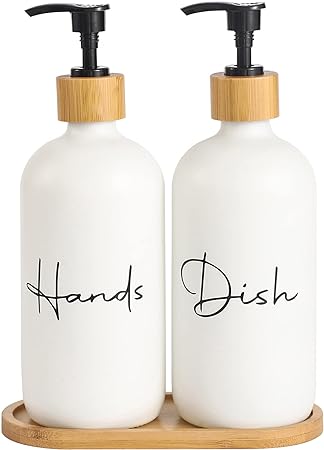 17 oz Hand Soap Dispenser Empty Glass Lotion Pump Bottles, Refillable Liquid Dish Soap Bottles for Bathroom, Kitchen Sink, White, 2 Pack