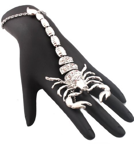 Silvertone Scorpion Adjustable Finger Ring and Slave Hand Chain Bracelet One Size Fits All (F-265)