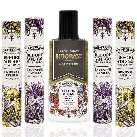 Poo-Pourri Travle Size 10mL - (2) Original Scent, (2) Lavender Vanilla Scent and Tropical Hibiscus 1.4 Ounce Bottle with Bottle Tag Included