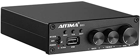 AIYIMA B03 2 Channel Bluetooth 5.0 Receiver Amplifiers 160 watt x 2 TDA7498E Stereo Subwoofer Amp HiFi Class D Amplifier Receiver with Treble Bass Adjust USB Music Player for Home Desktop Speakers