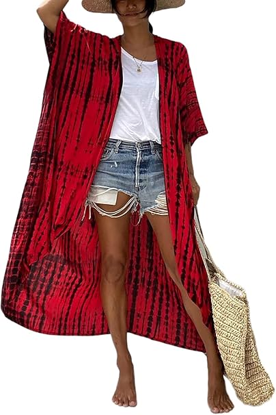 Bsubseach Stylish Tie Dye Open Front Long Kimono Swimsuit Cover up for Women