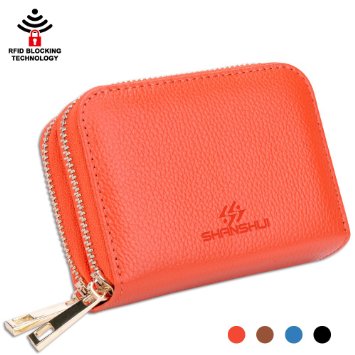 Credit Card Wallet Holder,SHANSHUI RFID Blocking Primely Genuine Leather Credit Card Holder, Security Travel Pocket/Case Protector(Orange)