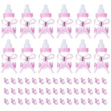 Bememo 12 Pack Candy Bottles and 50 Pack Acrylic Mini Pacifiers for Baby Shower Party Favors Decorations (Pink)