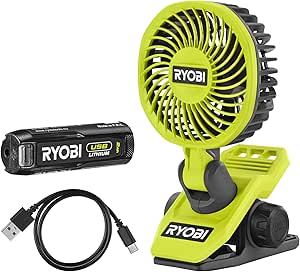 RYOBI 4 V USB Akku-Clip-Ventilator RCF4-120G (325° drehbare und 180° schwenkbarer Kopf, 2-stufige Luftstromeinstellung 2.300/3.800 U/min, Clip bis 32mm Stärke, inkl. 1x 2,0Ah Akku und Ladegerät)