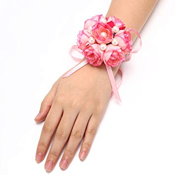 FAYBOX Girl Bridesmaid Wedding Wrist Corsage Party Prom Hand Flower Decor Pack of 2 Pink